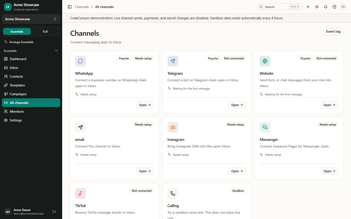 Channels — connect WhatsApp, Instagram, Messenger, Telegram