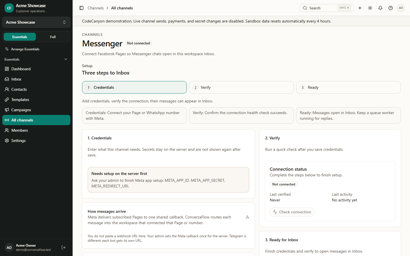 Channel setup — credentials, verify, ready for Inbox