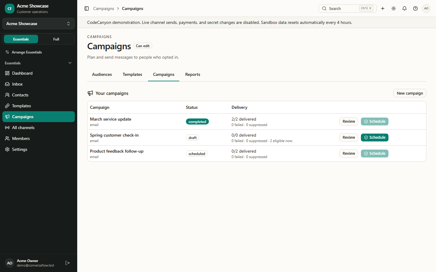 Campaigns — create and send outbound messages