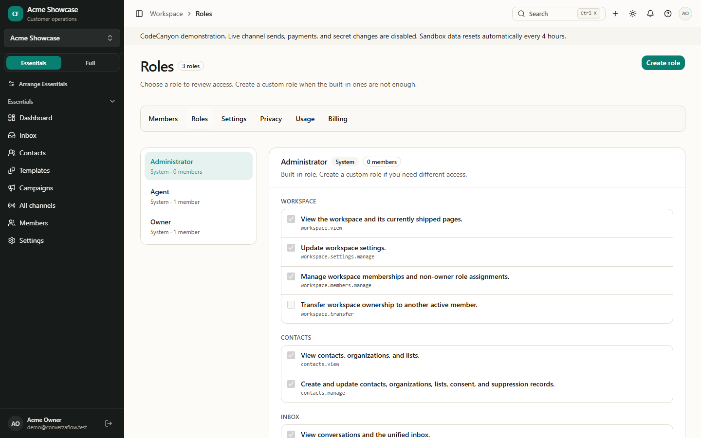 Roles — permission editor by role